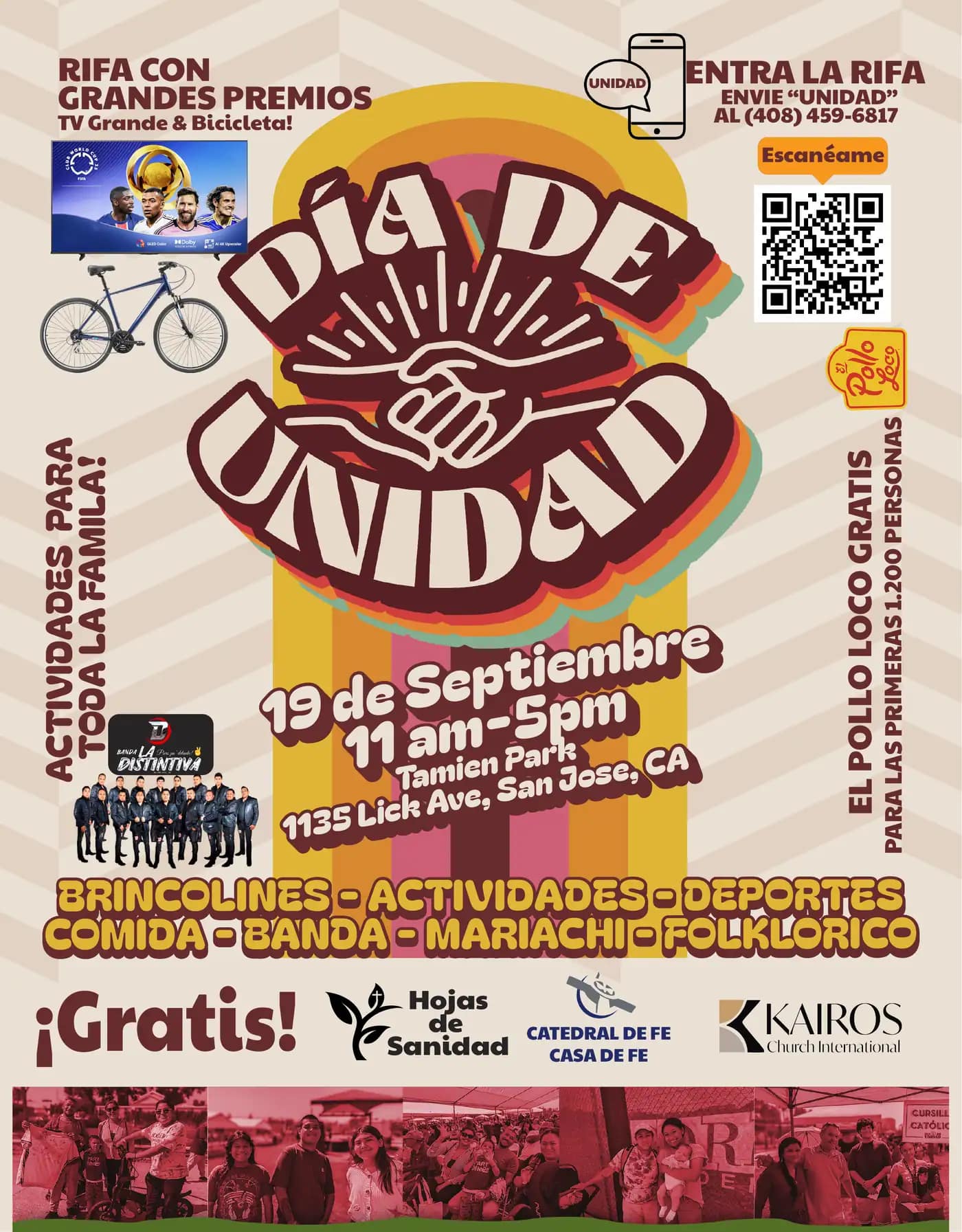 Cartel del Día de Unidad: dos manos estrechadas sobre franjas de colores, con la fecha, el parque y la lista de actividades