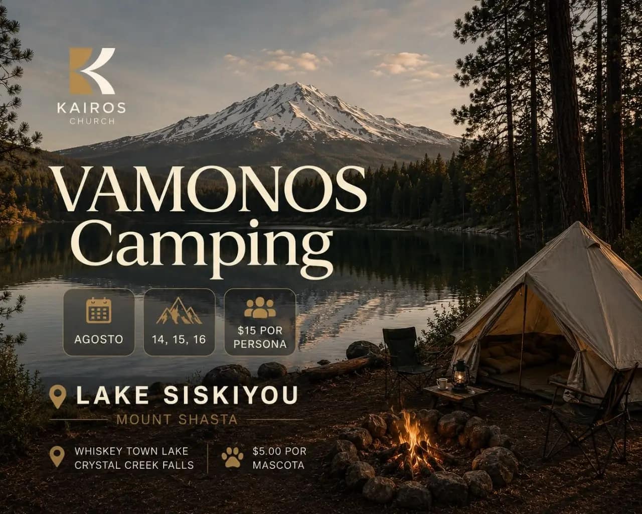 Cartel del camping de Kairos: una tienda y una hoguera junto al lago Siskiyou, con el monte Shasta nevado al fondo
